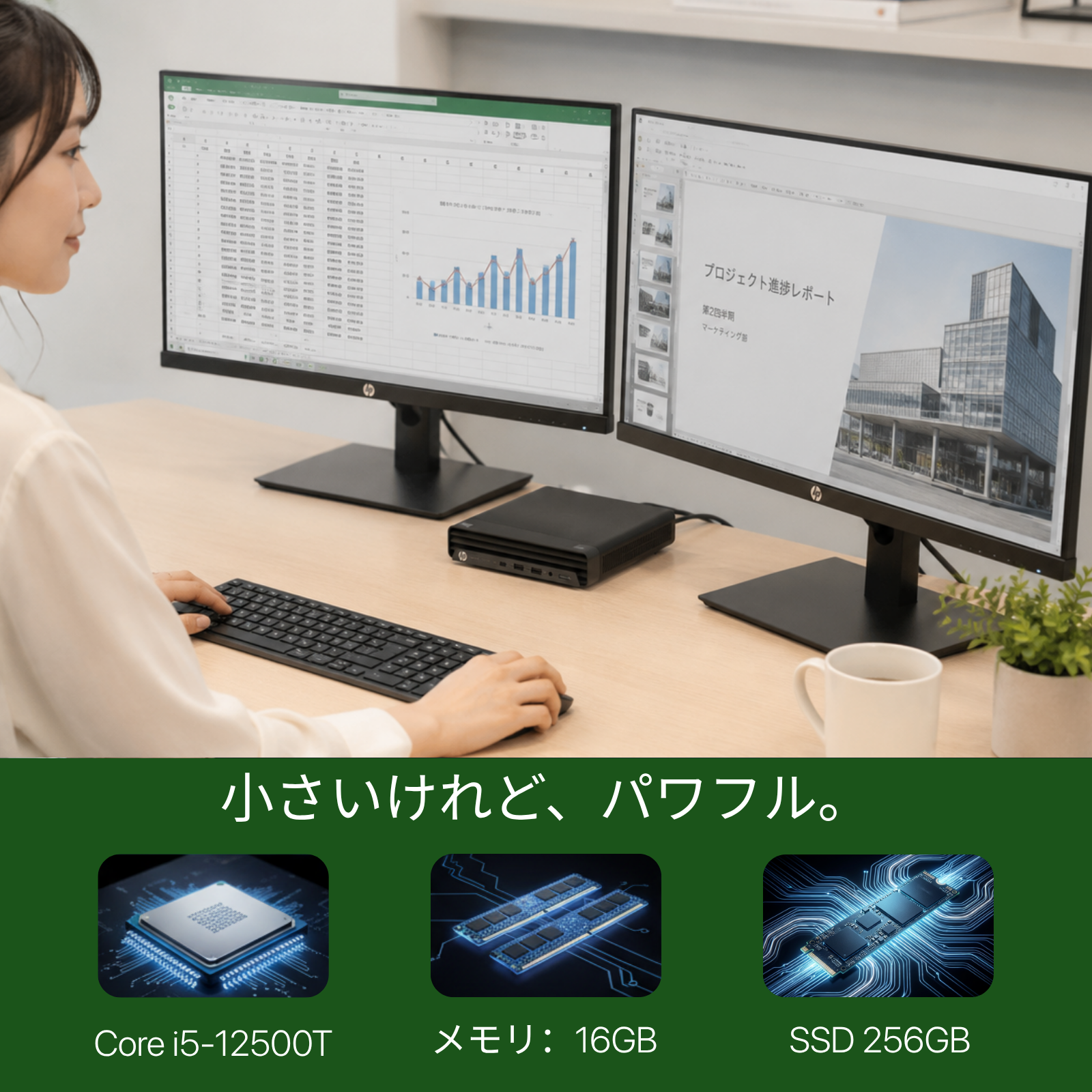 Elite Mini 800 G9 Desktop、i5-12500T、16GB RAM、256GB SSD、Wi-Fi、Bluetooth、画面出力対応、Windows 11 Pro、Microsoft Office 2019 H&B(再生品)