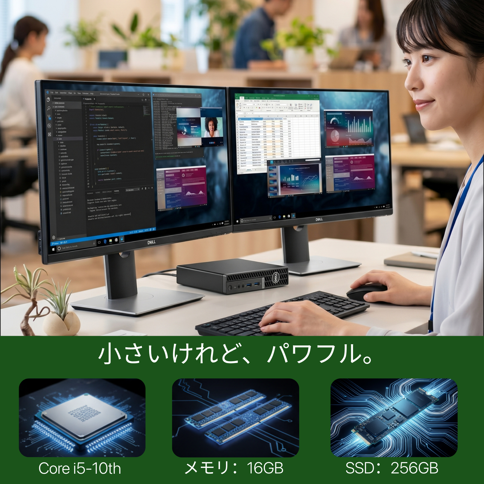 Dell OptiPlex 3080 Micro、i5第10世代、16GB RAM、256GB SSD、Wi-Fi、Bluetooth、画面出力対応、Windows 11 Pro、Microsoft Office 2019 H&B(再生品)