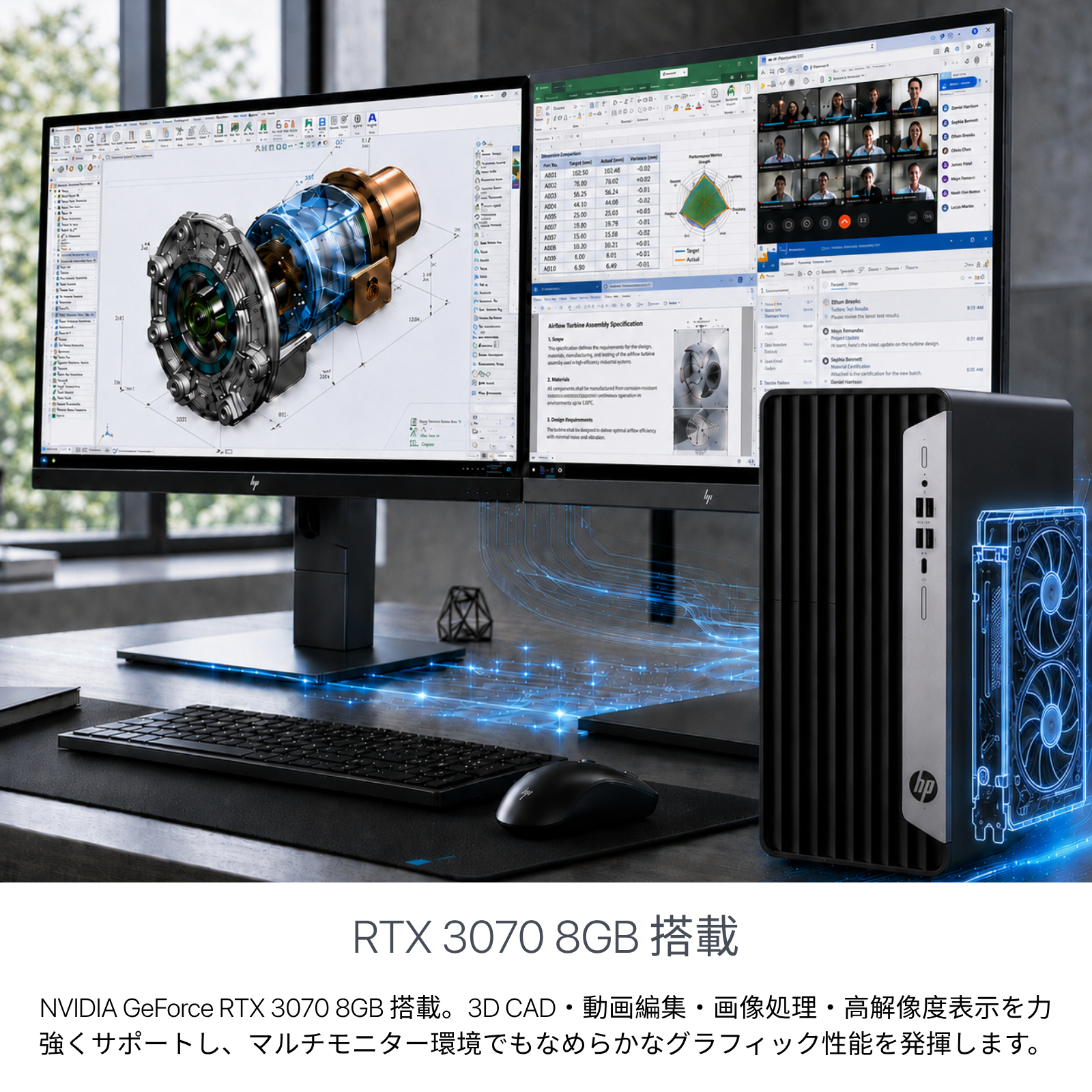 HP EliteDesk 800 G8、i9-11900、16GB RAM、512GB SSD、2TB HDD、Wi-Fi、Bluetooth、画面出力対応、Windows 11 Pro、Microsoft Office 2019 H&B(再生品)