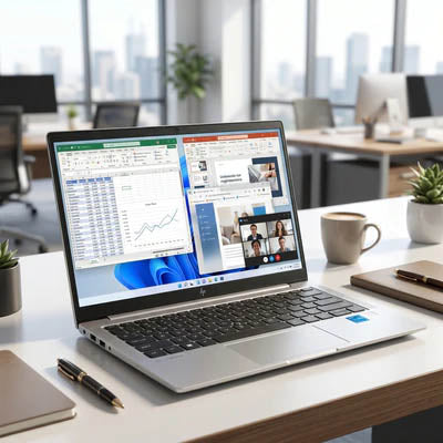 オフィスデスクに置かれたHP EliteBook 630 G10ノートパソコン。画面にはExcelやWeb会議などのマルチタスク画面が表示されている