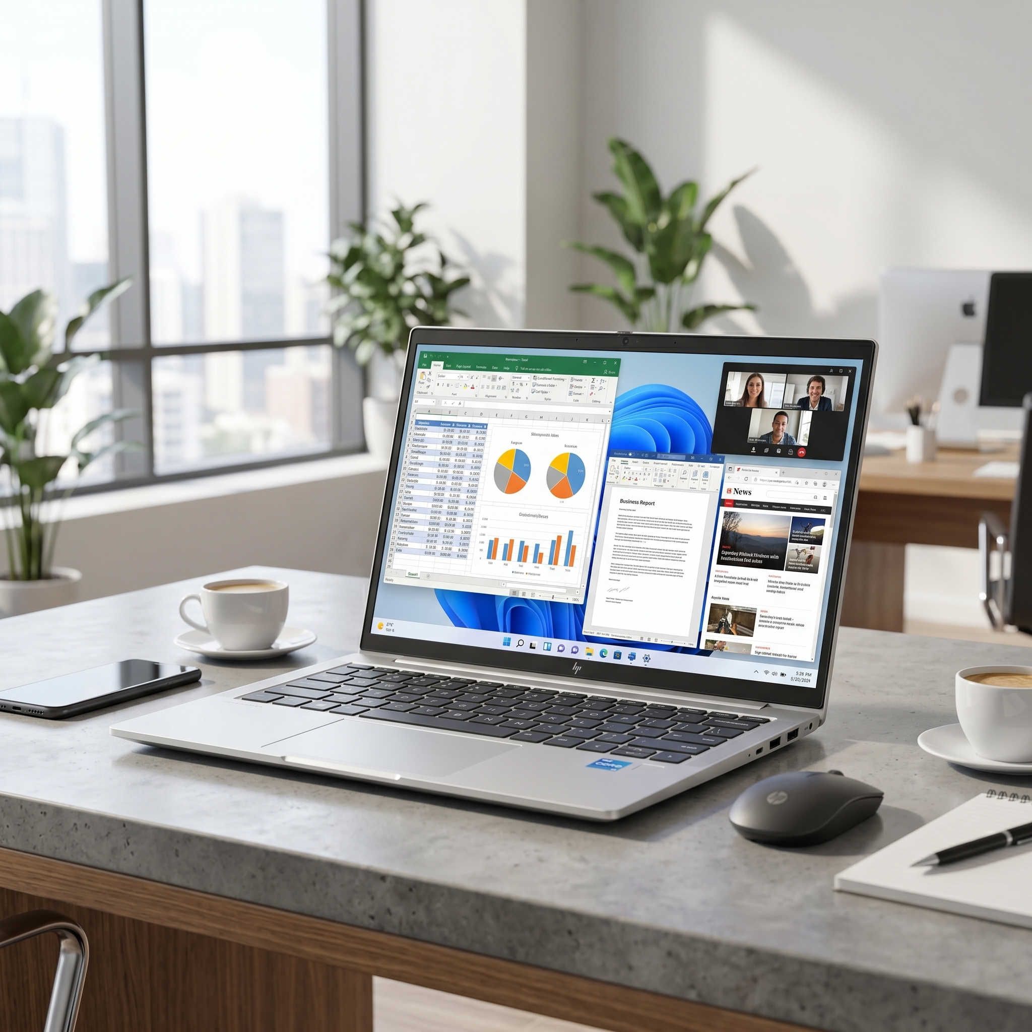 オフィスデスクに置かれたHP EliteBook 830 G9ノートパソコン。画面にはExcelやWeb会議などのマルチタスク画面が表示されている