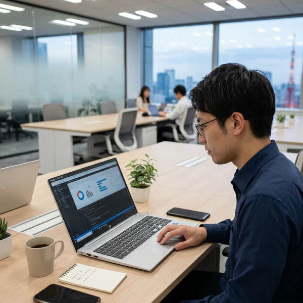 オフィスでHP ProBook 450 G8ノートパソコンを使って仕事をする男性社員。