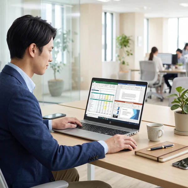 オフィスでHP ProBook 450 G9ノートパソコンを使って仕事をする男性社員。