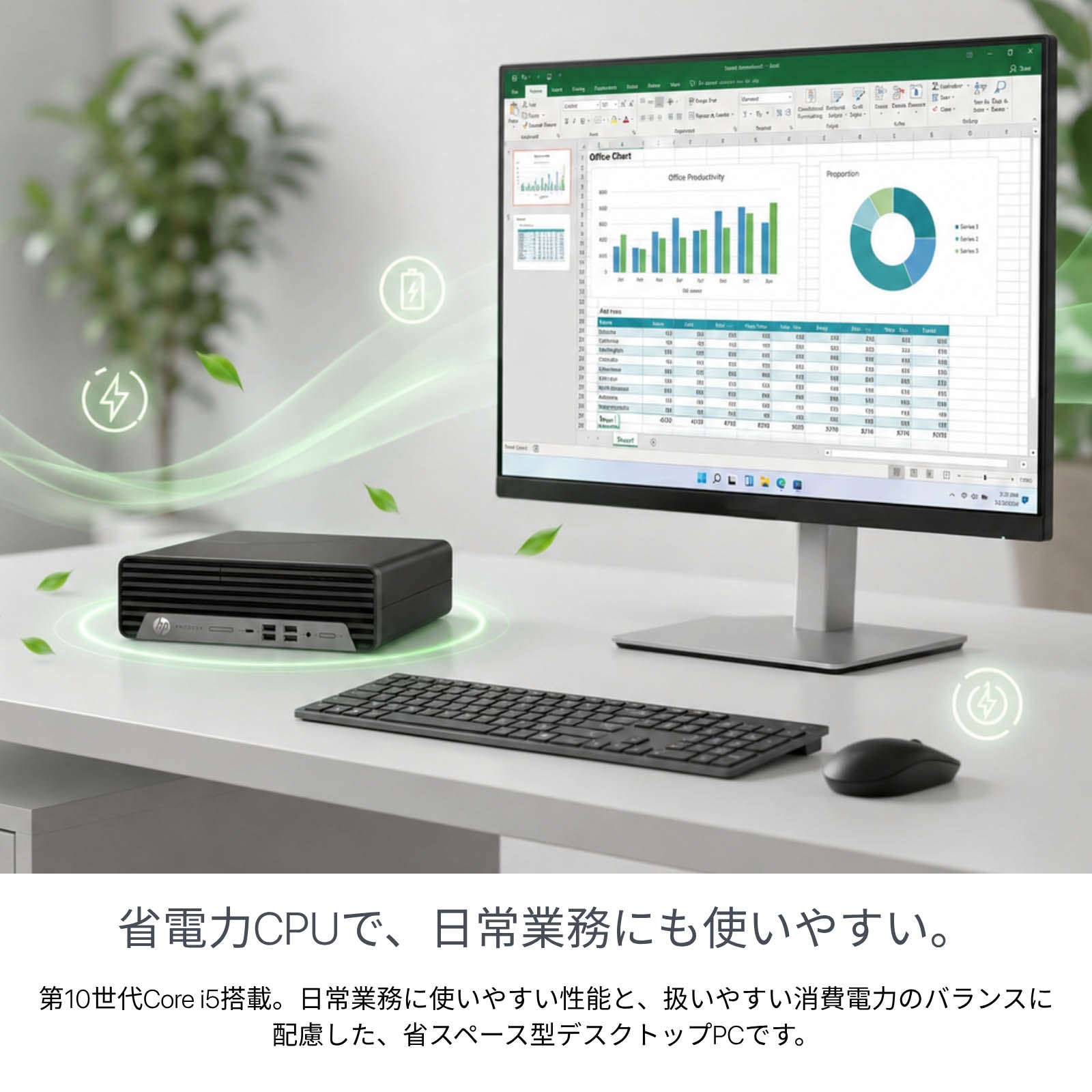 オフィスデスクに設置されたHP ProDesk 600 G6 SFF。画面にはExcelの生産性グラフが表示され、第10世代Core i5の省電力性能と環境配慮を表現したクリーンなグラフィック効果付き写真