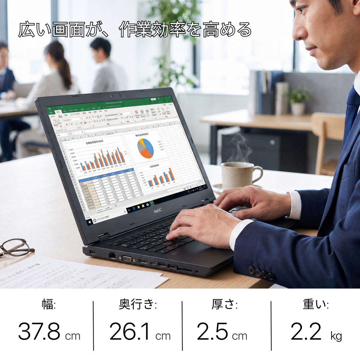 NEC VersaPro VKT16/X-ZG5、i5-8365U、メモリー16GB、256GB SSD、15.6インチ フルHD 1920x1080ディスプレイ、Wi-Fi、Bluetooth、2.2kg、Windows 11 Pro、Microsoft Office 2019 Home & Business