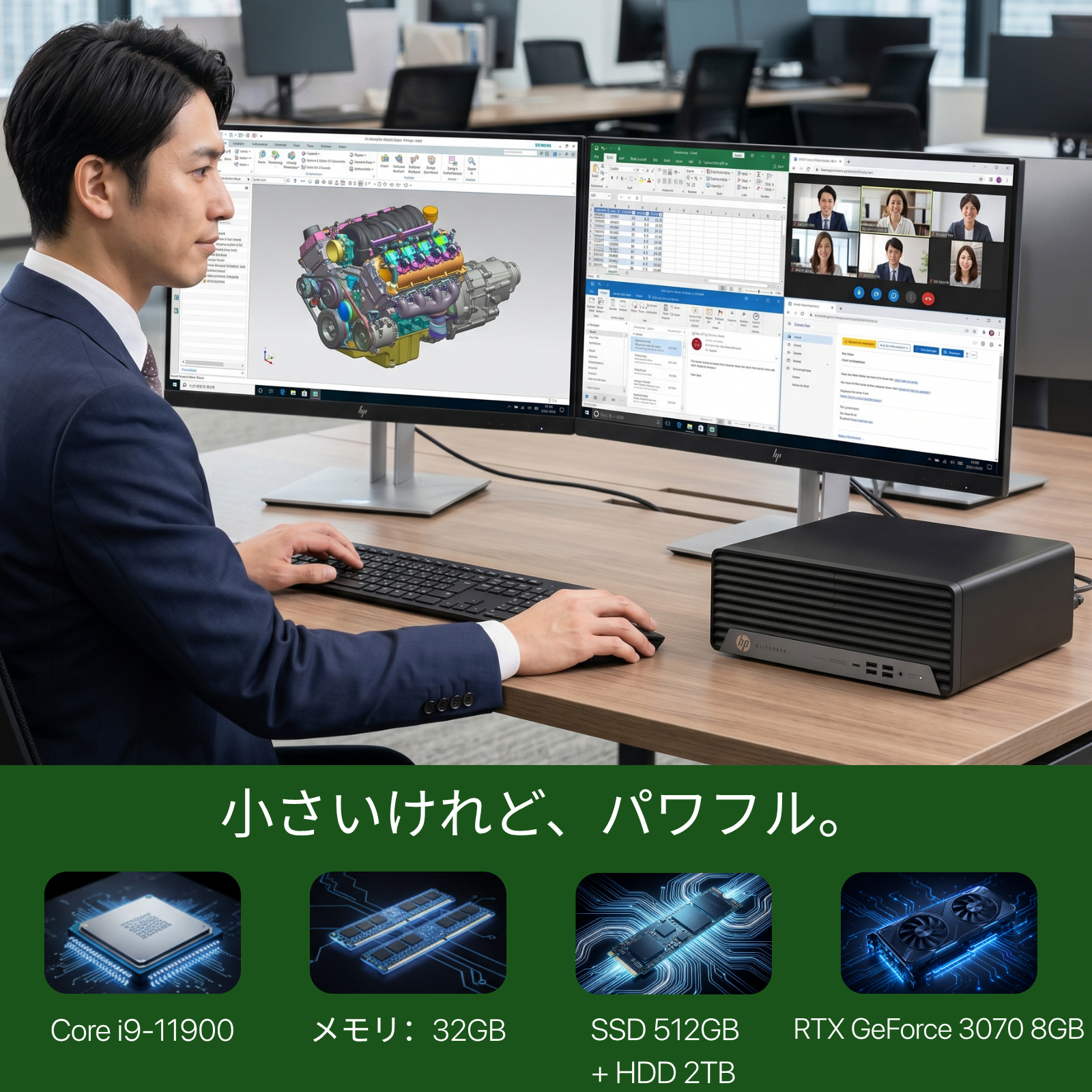 HP EliteDesk 800 G8、i9-11900、16GB RAM、512GB SSD、2TB HDD、Wi-Fi、Bluetooth、画面出力対応、Windows 11 Pro、Microsoft Office 2019 H&B（再生品）