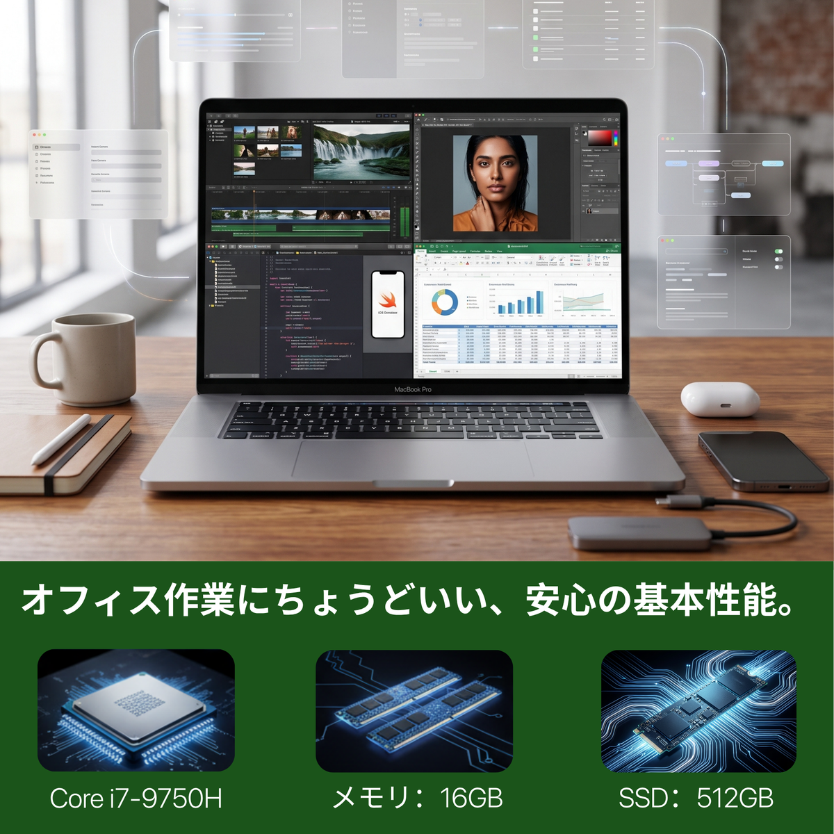 MacBook Pro 16-inch (2019)、i7-9750H、16GB RAM、512GB SSD、16インチスクリーン、3072x1920 Retina、Wi-Fi、Bluetooth、指紋センサー、2kg