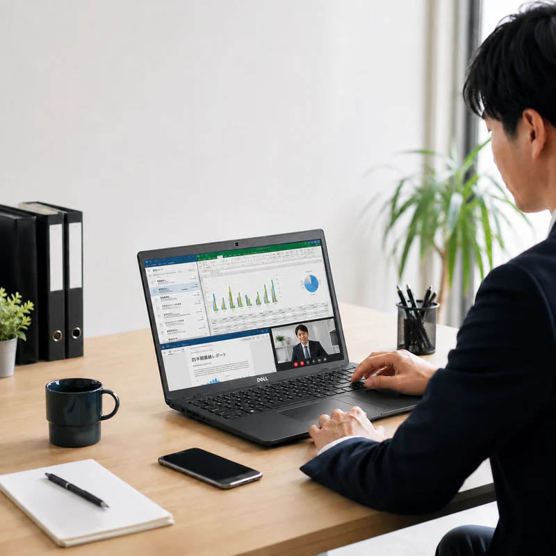 DELL Latitude 3510ノートパソコンを使って仕事をする男性社員。