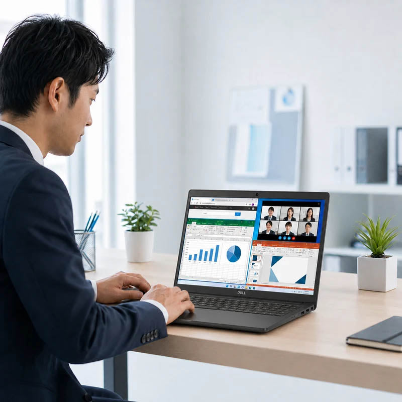 DELL Latitude 3520ノートパソコンを使って仕事をする男性社員。