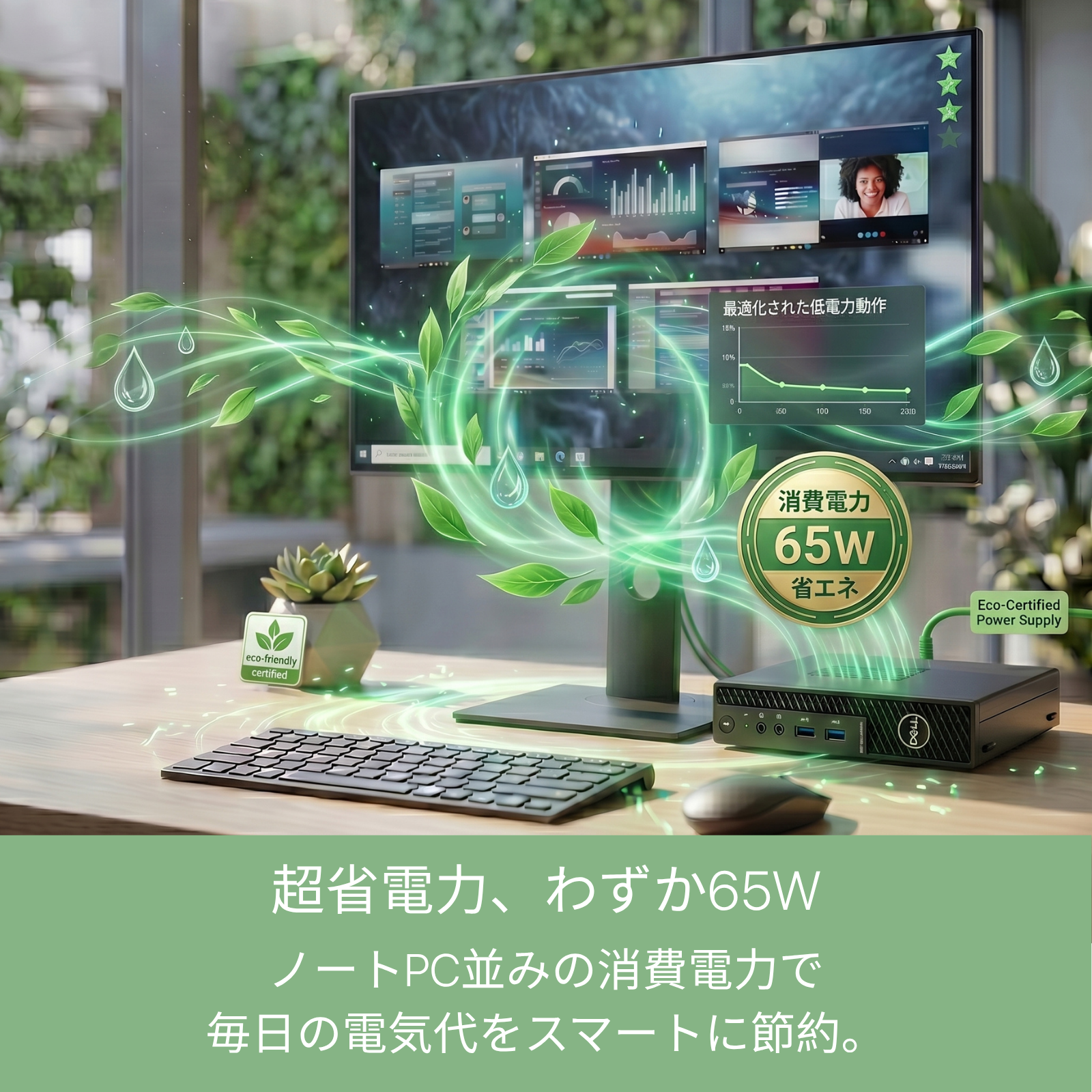 オフィスデスクに設置されたDell OptiPlex 3080 Micro。画面には低電力動作のグラフが表示され、65Wの省電力性能と環境配慮（エコ）を表現したグラフィックが重ねられている
