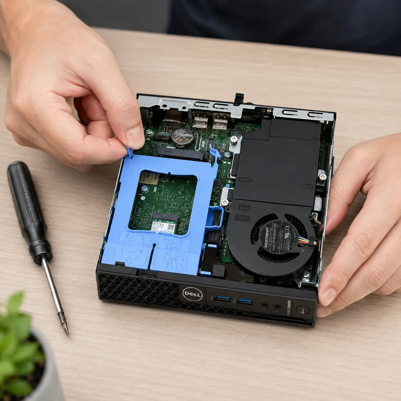 カバーを開けて内部構造が露出したDell OptiPlex 3080 Micro。メモリやストレージの交換・清掃がしやすいメンテナンス性の高い設計を解説する写真