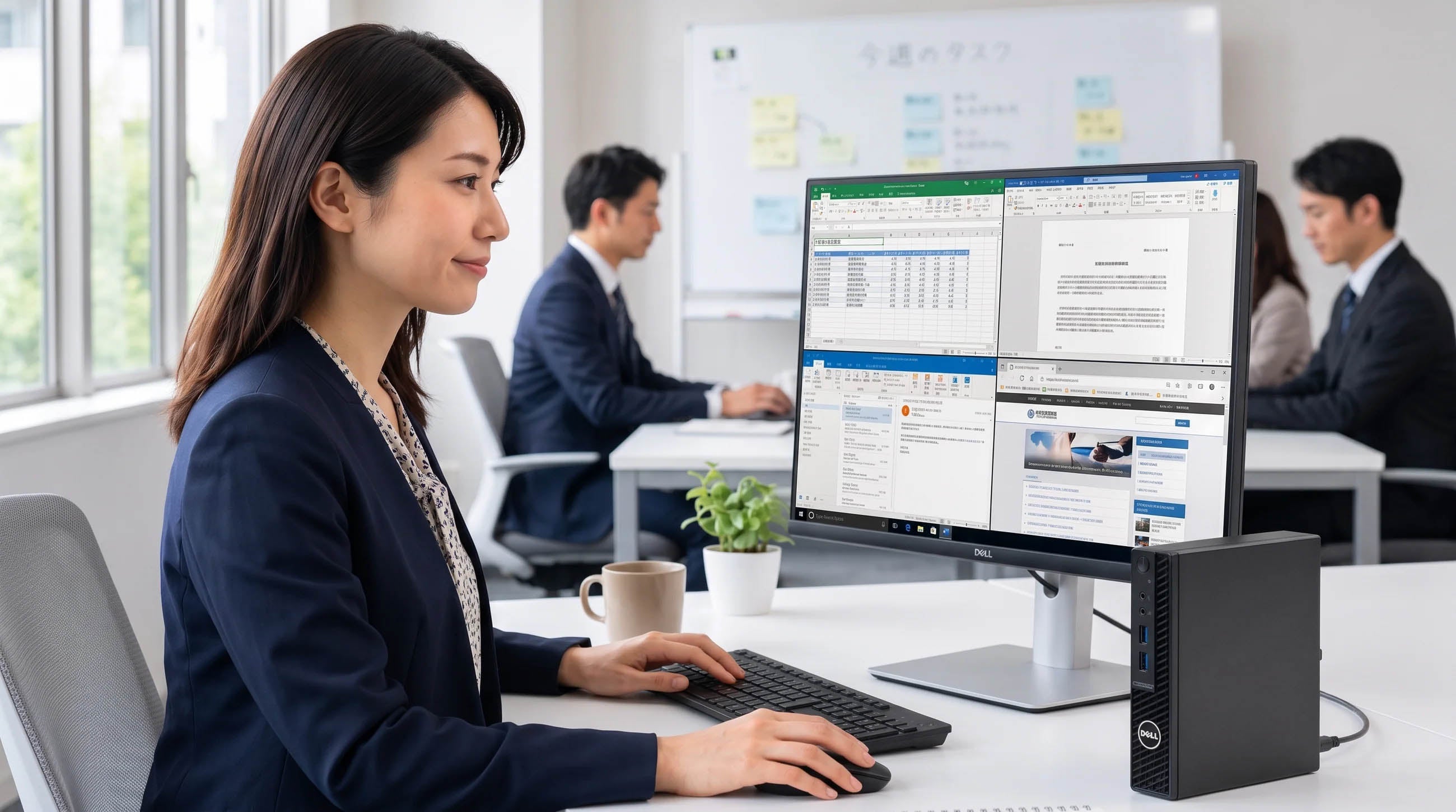 オフィスデスクで女性がDell OptiPlex 3080 Microと大画面モニターを使用し、資料作成やWeb会議などのマルチタスクを行っている様子