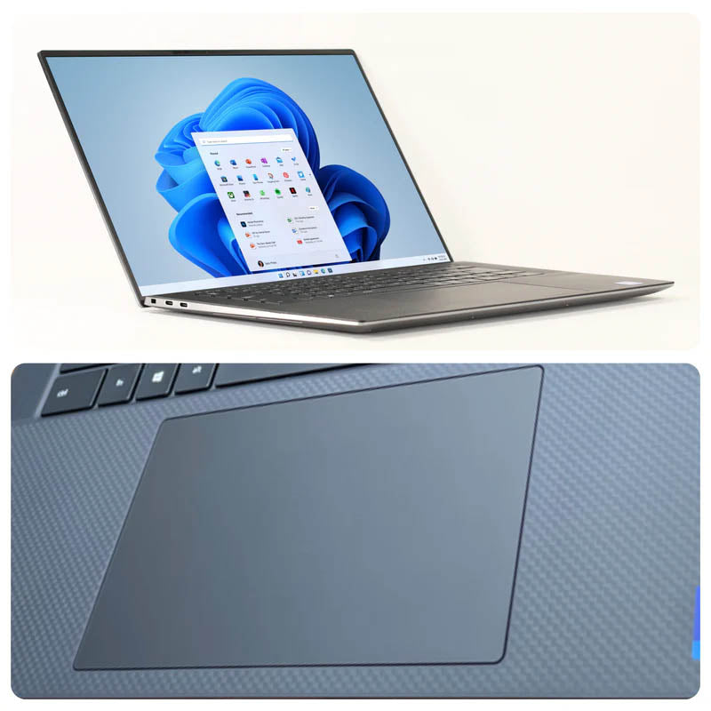 Windows 11を搭載したDell Precision 5560モバイルワークステーションの全体像と、カーボンファイバー素材を採用したパームレスト・タッチパッドのクローズアップ写真