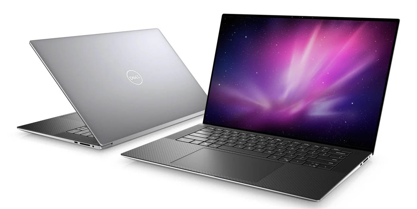 シルバーのDell Precision 5560モバイルワークステーション、紫色の宇宙柄壁紙を表示したインフィニティエッジディスプレイ
