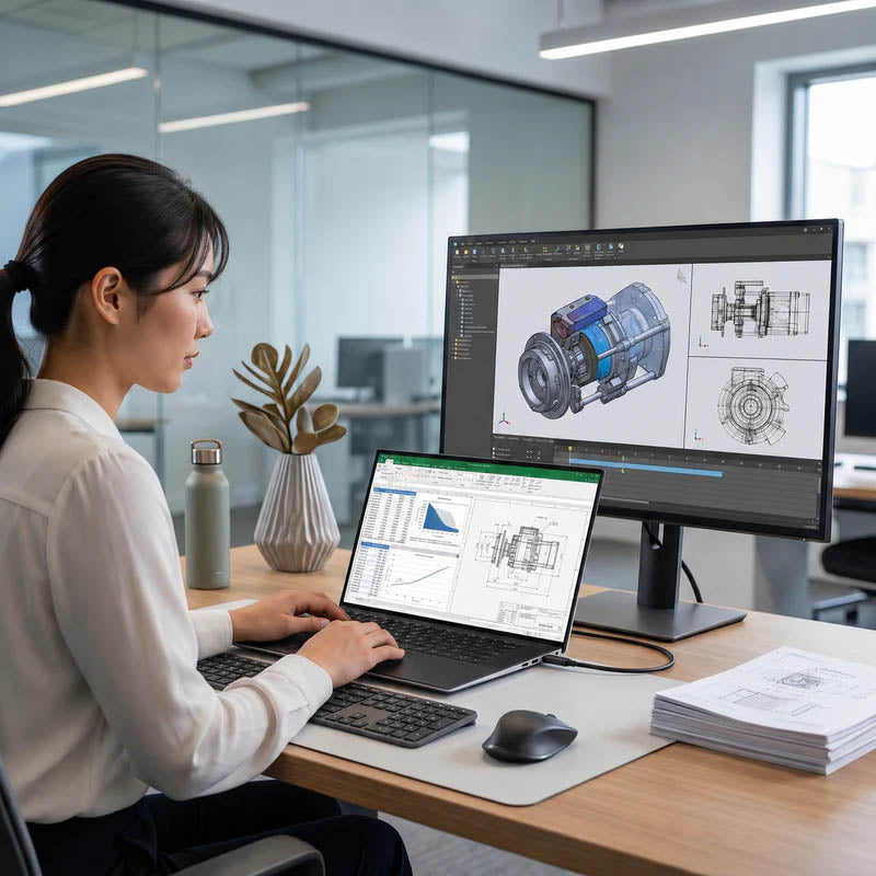 オフィスでDellのノートパソコンと外部モニターを接続し、3D機械設計図面を編集している女性エンジニア