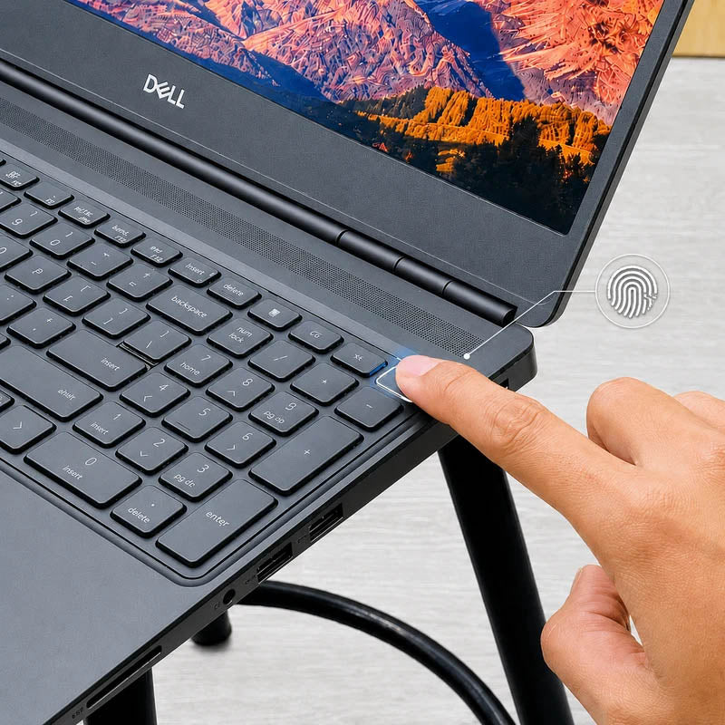 Dell Precision 7560ノートパソコンのキーボード右上にある、指紋認証センサー内蔵電源ボタンを指でタッチしているクローズアップ写真