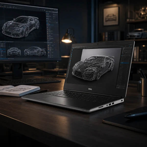 NVIDIA RTX 3080 16GBを搭載したDell Precision 7560モバイルワークステーションと外部モニターを接続し、自動車の3D CAD・ワイヤーフレーム設計画面を表示している暗めのスタジオ・オフィス環境
