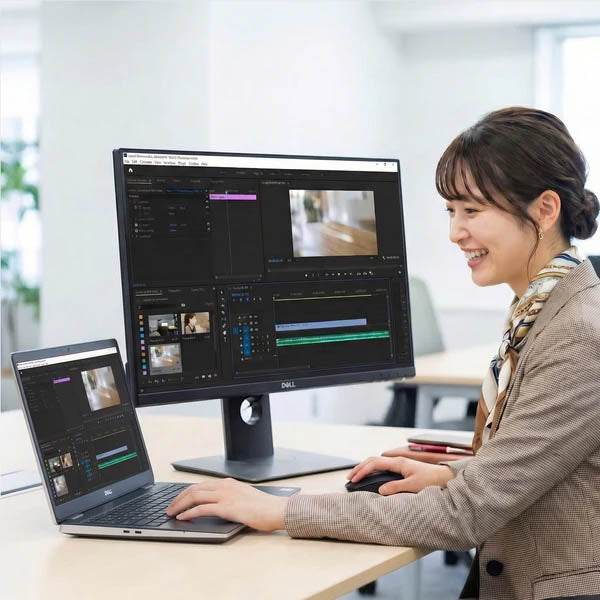 オフィスでDell Precision 7560高性能ノートパソコンと外部モニターを接続し、動画編集ソフトウェアで作業をしながら笑顔を見せる女性