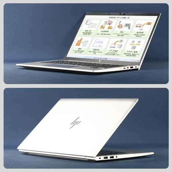 HP EliteBook 830 G8ノートパソコンの、画面を開いてマルチタスクを表示した状態（上）と、天面を少し開けた背面の状態（下）を組み合わせた2分割写真