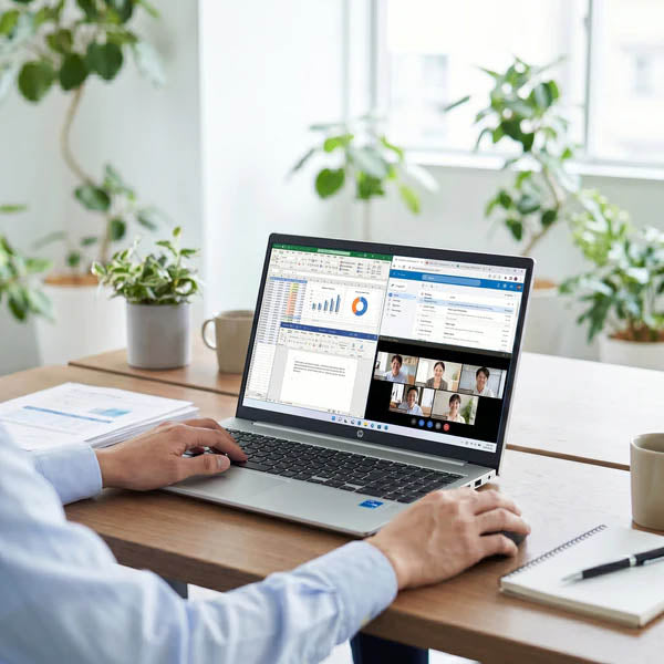 オフィスでHP ProBook 450 G10ノートパソコンを使って仕事をする男性社員。