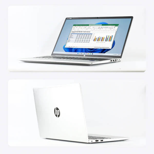 HP ProBook 450 G8ノートパソコンの、画面を開いてマルチタスクを表示した状態（上）と、天面を少し開けた背面の状態（下）を組み合わせた2分割写真