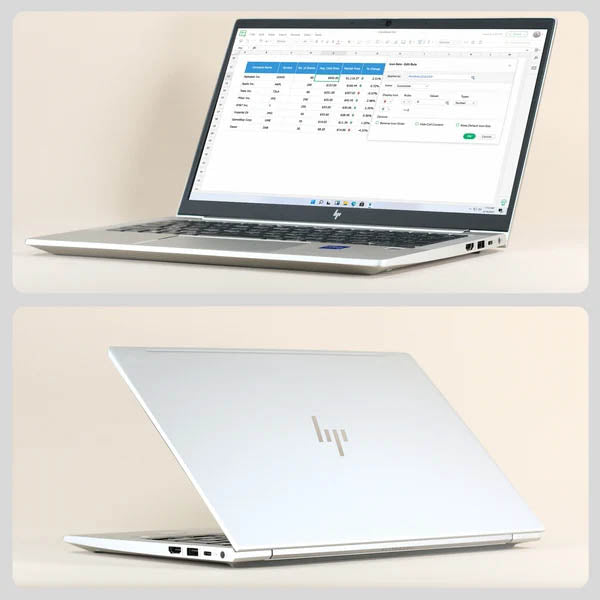 HP ProBook 630 G9ノートパソコンの、画面を開いてマルチタスクを表示した状態（上）と、天面を少し開けた背面の状態（下）を組み合わせた2分割写真