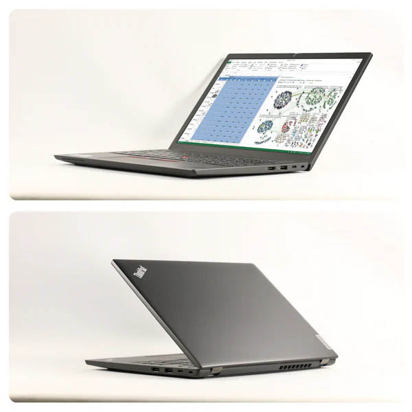 Lenovo ThinkPad L13 Gen 3ノートパソコンの、画面を開いてマルチタスクを表示した状態（上）と、天面を少し開けた背面の状態（下）を組み合わせた2分割写真