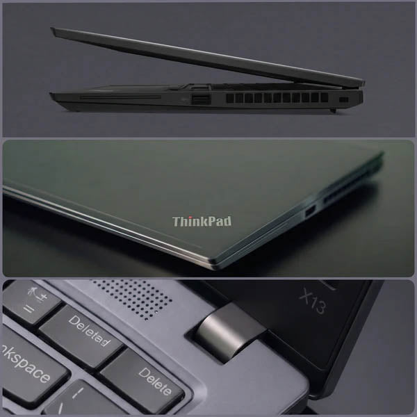 Lenovo ThinkPad X13 の薄型軽量デザイン、ロゴ、そして堅牢なヒンジのディテール