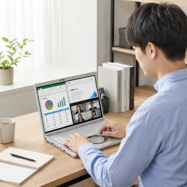 オフィスでPanasonic Let’s Note FV1ノートパソコンを使って仕事をする男性社員。