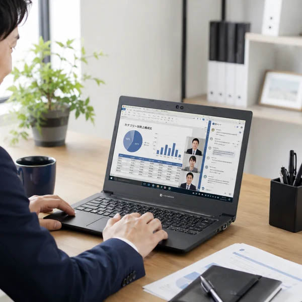 オフィスデスクでToshiba Dynabook S73/HSノートパソコンを使用するビジネスマン。画面にはExcelのグラフとWeb会議の画面がマルチタスクで表示されている