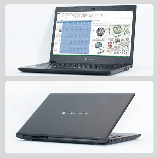 Toshiba Dynabook S73/HSノートパソコンの、画面を開いてExcelや分析チャートを表示した状態（上）と、天面を閉じた背面の状態（下）を組み合わせた2分割写真
